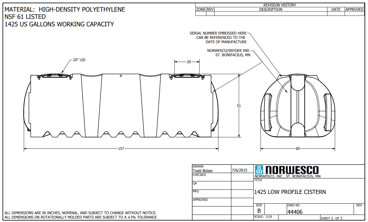 NOR 44406 Low Profile 1425 gallon Cistern Tank