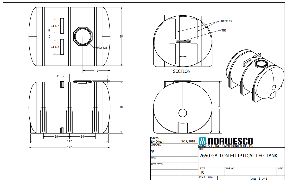NOR 45360 2650-gallon Elliptical Leg Tank with Baffles